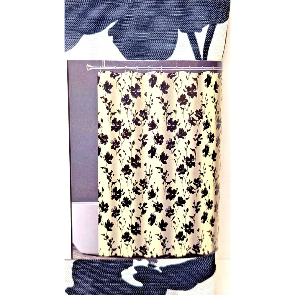 Castelle Home Vining Flowers Textured Fabric Shower Curtain Black on White NIP